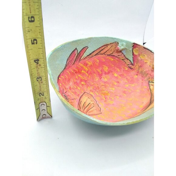 Hand Painted Coconut Shell W/Tropical Orange Fish Signed Beach House Decor - Picture 6 of 9